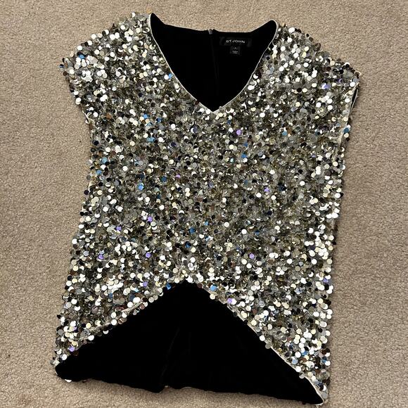 St. John Women´s Evening Silver Gold Beaded Sequin Short Sleeve Top Size P/S - Picture 11 of 13